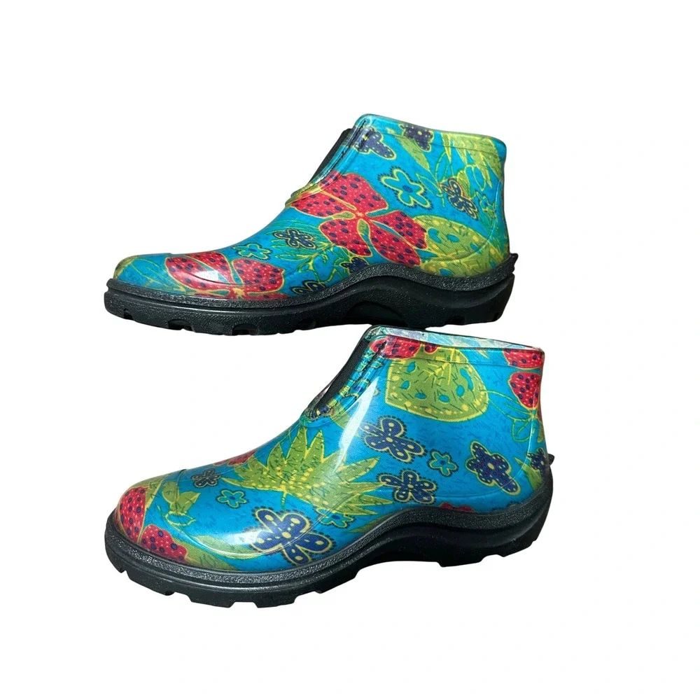 Sloggers Women Blue Floral Waterproof Rubber Garden Rain Ankle Boots Size 9